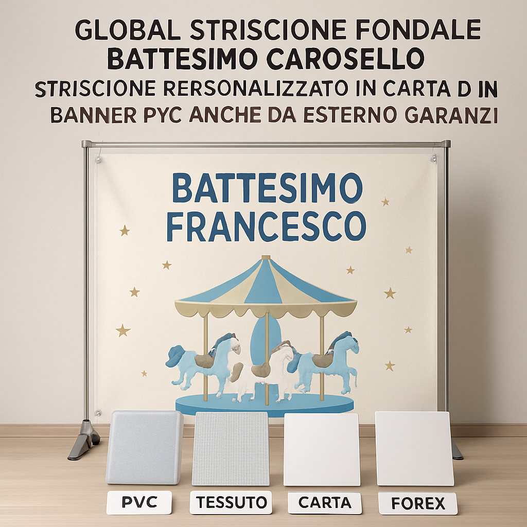 GLOBAL STRISCIONE FONDALE BATTESIMO - Battesimo Carosello - STRISCIONE PERSONALIZZATO IN CARTA O IN BANNER PVC ANCHE DA ESTERNO GARANZIA 5 ANNI - 03 materiali