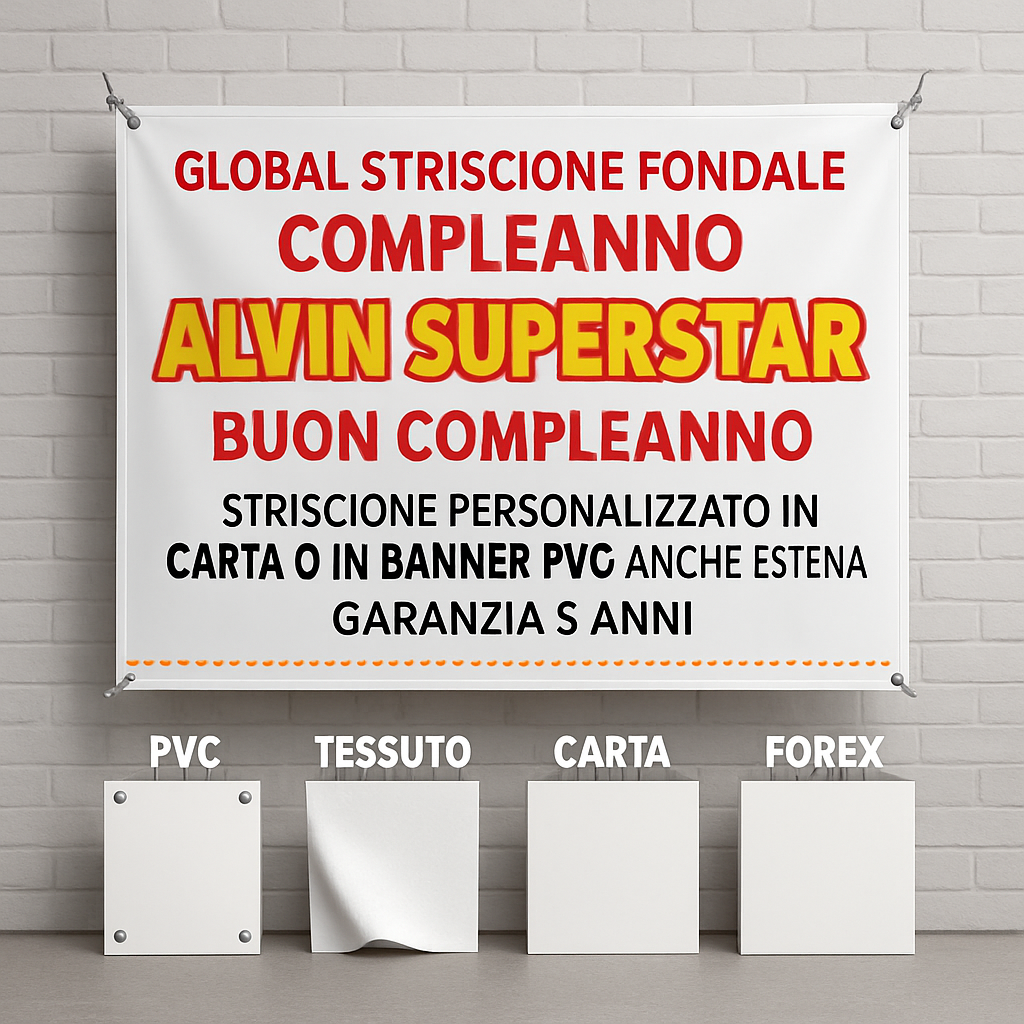 GLOBAL STRISCIONE FONDALE COMPLEANNO - Alvin superstar - STRISCIONE PERSONALIZZATO IN CARTA O IN BANNER PVC ANCHE DA ESTERNO GARANZIA 5 ANNI - 03 materiali
