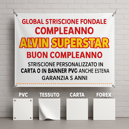 GLOBAL STRISCIONE FONDALE COMPLEANNO - Alvin superstar - STRISCIONE PERSONALIZZATO IN CARTA O IN BANNER PVC ANCHE DA ESTERNO GARANZIA 5 ANNI - 03 materiali