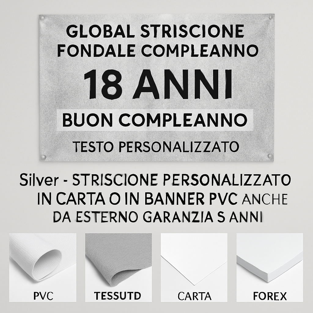 GLOBAL STRISCIONE FONDALE COMPLEANNO - 18 Anni Compleanno Silver - STRISCIONE PERSONALIZZATO IN CARTA O IN BANNER PVC ANCHE DA ESTERNO GARANZIA 5 ANNI - 03 materiali