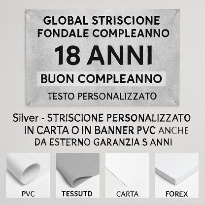GLOBAL STRISCIONE FONDALE COMPLEANNO - 18 Anni Compleanno Silver - STRISCIONE PERSONALIZZATO IN CARTA O IN BANNER PVC ANCHE DA ESTERNO GARANZIA 5 ANNI - 03 materiali