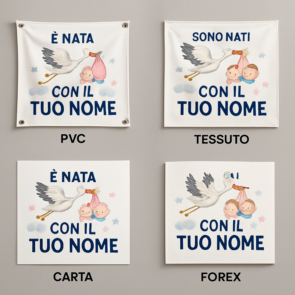 BANNER STRISCIONE NASCITA - Cicogna Gemelli Boy and Girl - CON IL TUO NOME bimbo neonato - 03 materiali