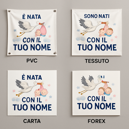 BANNER STRISCIONE NASCITA - Cicogna Gemelli Boy and Girl - CON IL TUO NOME bimbo neonato - 03 materiali
