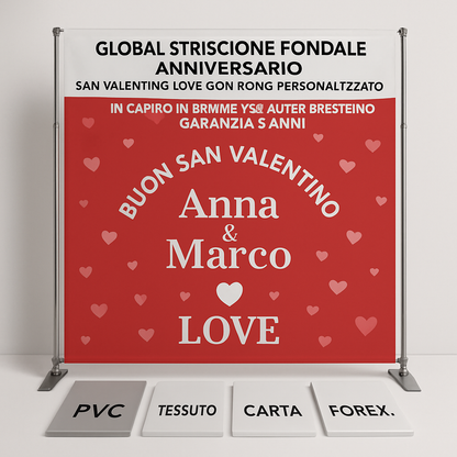 GLOBAL STRISCIONE FONDALE ANNIVERSARIO - SAN VALENTINO LOVE CON NOME PERSONALIZZATO - IN CARTA O IN BANNER PVC ANCHE DA ESTERNO GARANZIA 5 ANNI - 03 materiali