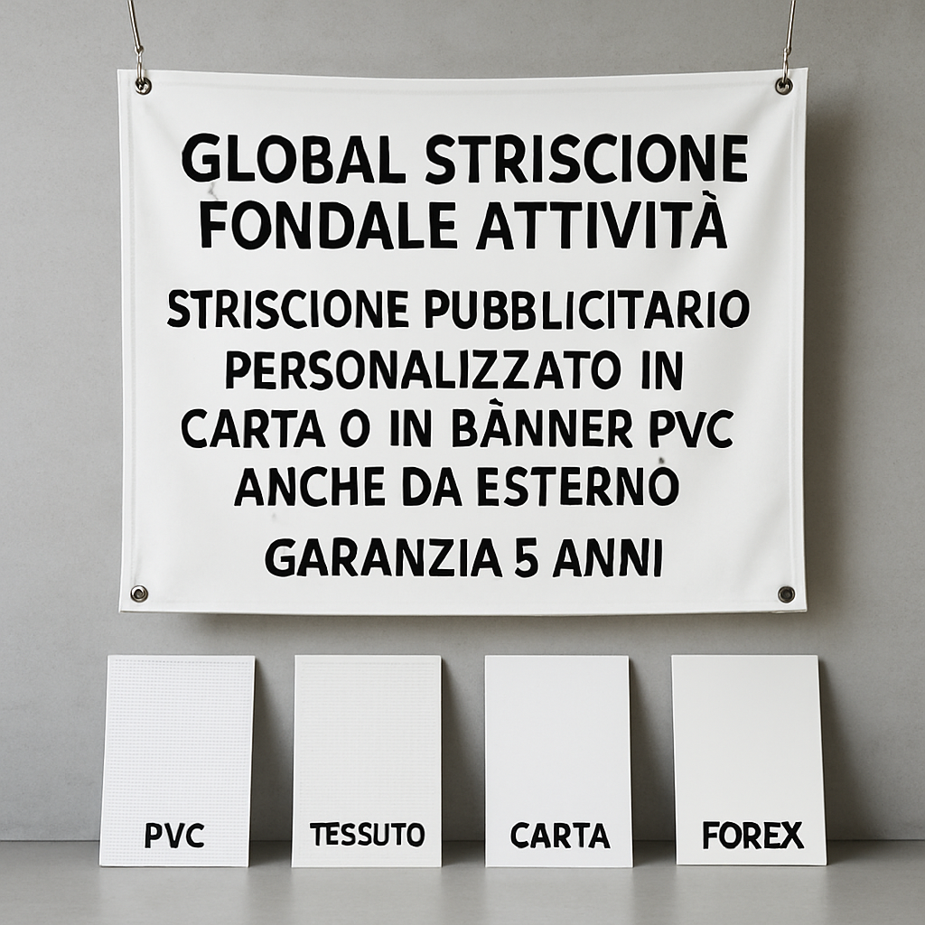 GLOBAL STRISCIONE FONDALE ATTIVITÀ - STRISCIONE PUBBLICITARIO - PERSONALIZZATO IN CARTA O IN BANNER PVC ANCHE DA ESTERNO GARANZIA 5 ANNI - 03 materiali