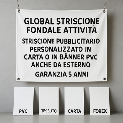 GLOBAL STRISCIONE FONDALE ATTIVITÀ - STRISCIONE PUBBLICITARIO - PERSONALIZZATO IN CARTA O IN BANNER PVC ANCHE DA ESTERNO GARANZIA 5 ANNI - 03 materiali