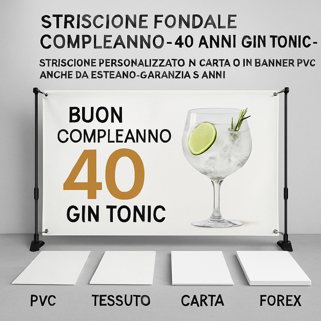 GLOBAL STRISCIONE FONDALE COMPLEANNO - 40 Anni Gin Tonic - STRISCIONE PERSONALIZZATO IN CARTA O IN BANNER PVC ANCHE DA ESTERNO GARANZIA 5 ANNI - 03 materiali