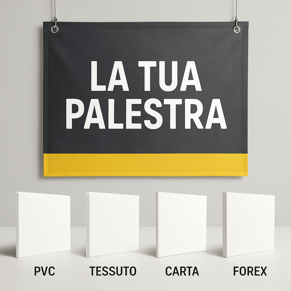 GLOBAL STRISCIONE FONDALE ATTIVITÀ - PALESTRA MOD 2 - PERSONALIZZATO IN CARTA O IN BANNER PVC ANCHE DA ESTERNO GARANZIA 5 ANNI - 03 materiali