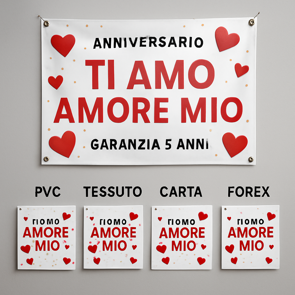 GLOBAL STRISCIONE FONDALE ANNIVERSARIO - TI AMO AMORE MIO - IN CARTA O IN BANNER PVC ANCHE DA ESTERNO GARANZIA 5 ANNI - 03 materiali