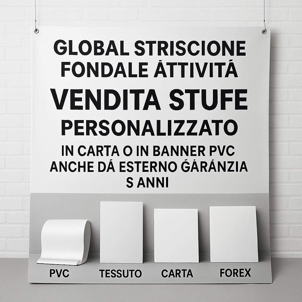 GLOBAL STRISCIONE FONDALE ATTIVITÀ - VENDITA STUFE - PERSONALIZZATO IN CARTA O IN BANNER PVC ANCHE DA ESTERNO GARANZIA 5 ANNI - 03 materiali