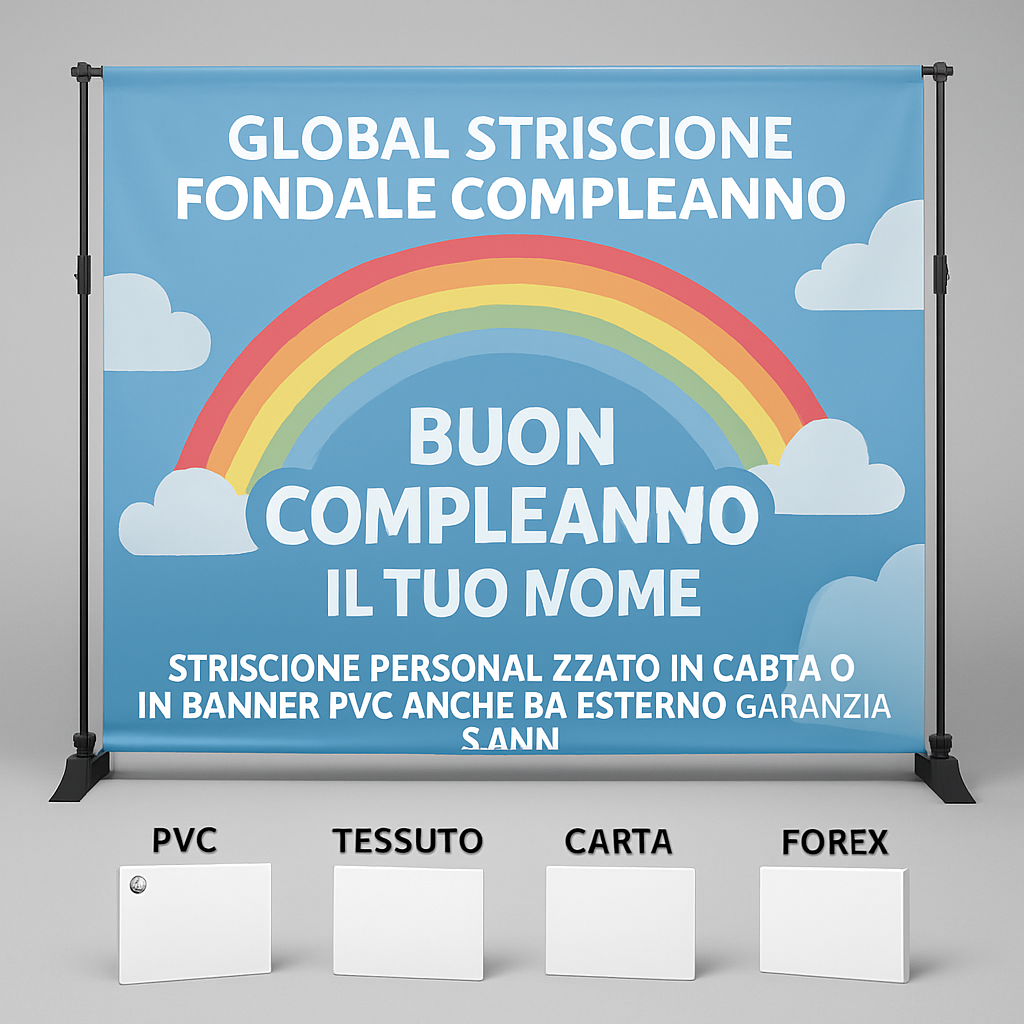 GLOBAL STRISCIONE FONDALE COMPLEANNO - Arcobaleno Azzurro - STRISCIONE PERSONALIZZATO IN CARTA O IN BANNER PVC ANCHE DA ESTERNO GARANZIA 5 ANNI - 03 materiali