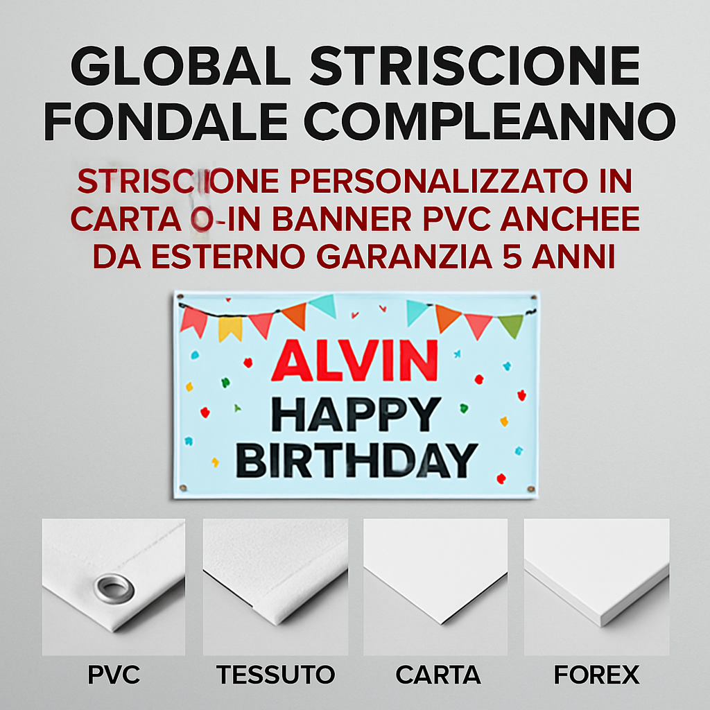 GLOBAL STRISCIONE FONDALE COMPLEANNO - Alvin Superstar - STRISCIONE PERSONALIZZATO IN CARTA O IN BANNER PVC ANCHE DA ESTERNO GARANZIA 5 ANNI - 03 materiali