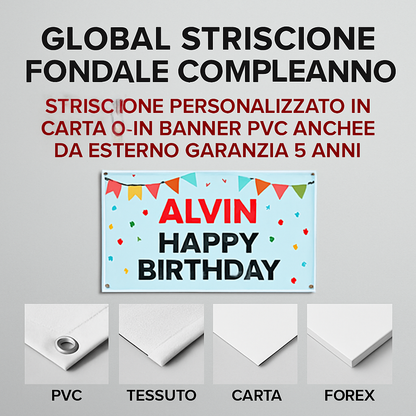 GLOBAL STRISCIONE FONDALE COMPLEANNO - Alvin Superstar - STRISCIONE PERSONALIZZATO IN CARTA O IN BANNER PVC ANCHE DA ESTERNO GARANZIA 5 ANNI - 03 materiali