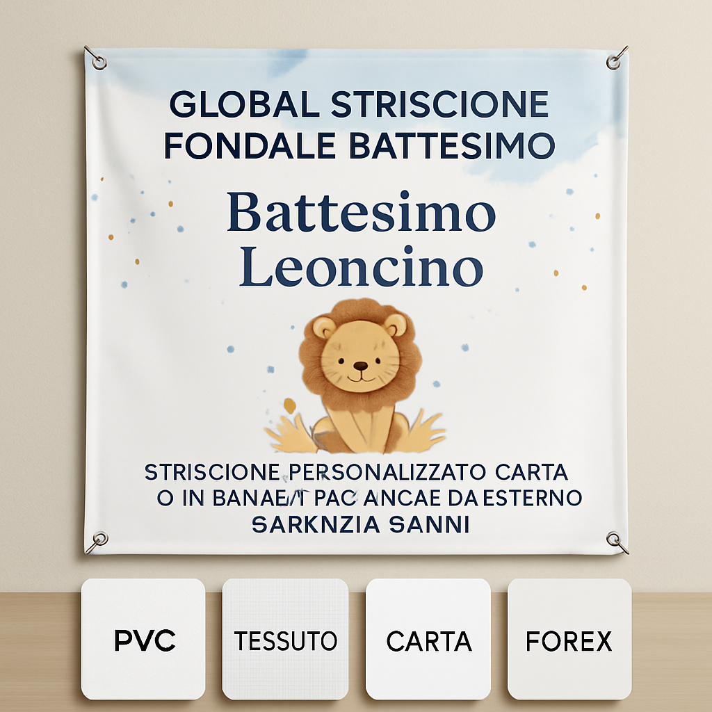 GLOBAL STRISCIONE FONDALE BATTESIMO - Battesimo Leoncino - STRISCIONE PERSONALIZZATO IN CARTA O IN BANNER PVC ANCHE DA ESTERNO GARANZIA 5 ANNI - 03 materiali