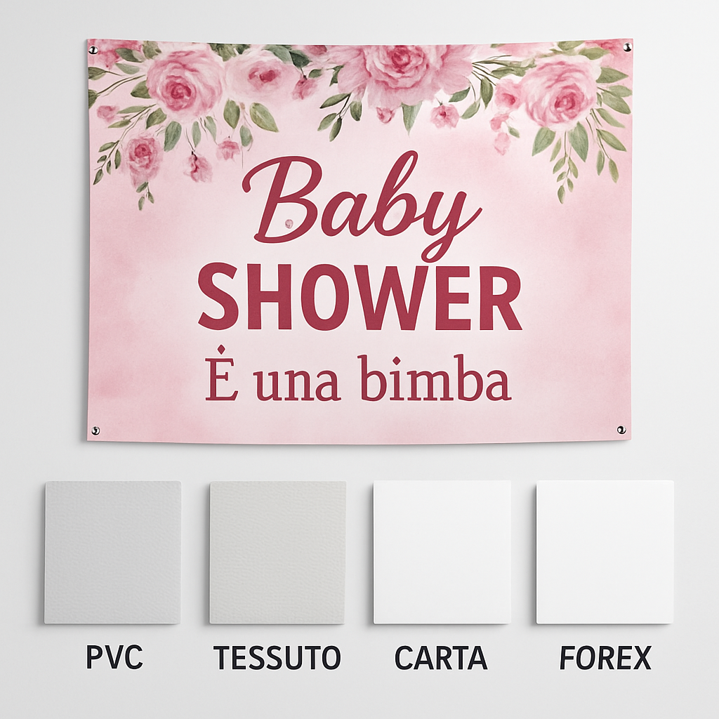 GLOBAL STRISCIONE FONDALE BABY SHOWER - Baby Shower Bimba - STRISCIONE IN CARTA O IN BANNER PVC ANCHE DA ESTERNO GARANZIA 5 ANNI - 03 materiali