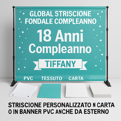 GLOBAL STRISCIONE FONDALE COMPLEANNO - 18 Anni Compleanno Tiffany - STRISCIONE PERSONALIZZATO IN CARTA O IN BANNER PVC ANCHE DA ESTERNO GARANZIA 5 ANNI - 03 materiali