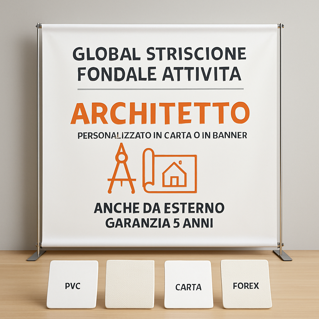 GLOBAL STRISCIONE FONDALE ATTIVITÀ - ARCHITETTO - PERSONALIZZATO IN CARTA O IN BANNER PVC ANCHE DA ESTERNO GARANZIA 5 ANNI - 03 materiali