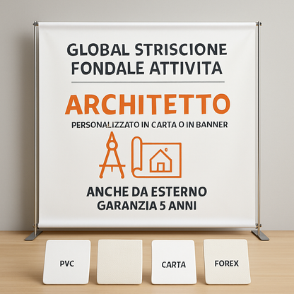 GLOBAL STRISCIONE FONDALE ATTIVITÀ - ARCHITETTO - PERSONALIZZATO IN CARTA O IN BANNER PVC ANCHE DA ESTERNO GARANZIA 5 ANNI - 03 materiali