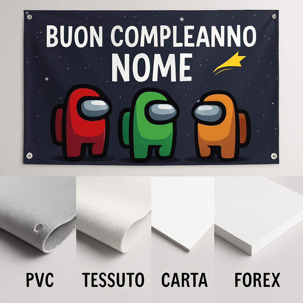 GLOBAL STRISCIONE FONDALE COMPLEANNO - Among Us - STRISCIONE PERSONALIZZATO IN CARTA O IN BANNER PVC ANCHE DA ESTERNO GARANZIA 5 ANNI - 03 materiali