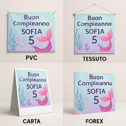 BANNER STRISCIONE compleanno - Minnie Sirena - CON NOME foto ed età bimbo/a - 03 materiali