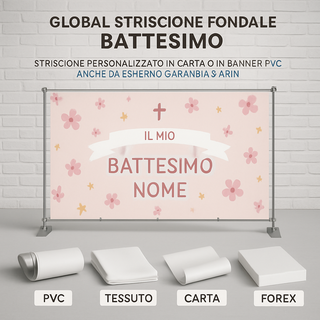 GLOBAL STRISCIONE FONDALE BATTESIMO - Battesimo Bimba - STRISCIONE PERSONALIZZATO IN CARTA O IN BANNER PVC ANCHE DA ESTERNO GARANZIA 5 ANNI - 03 materiali