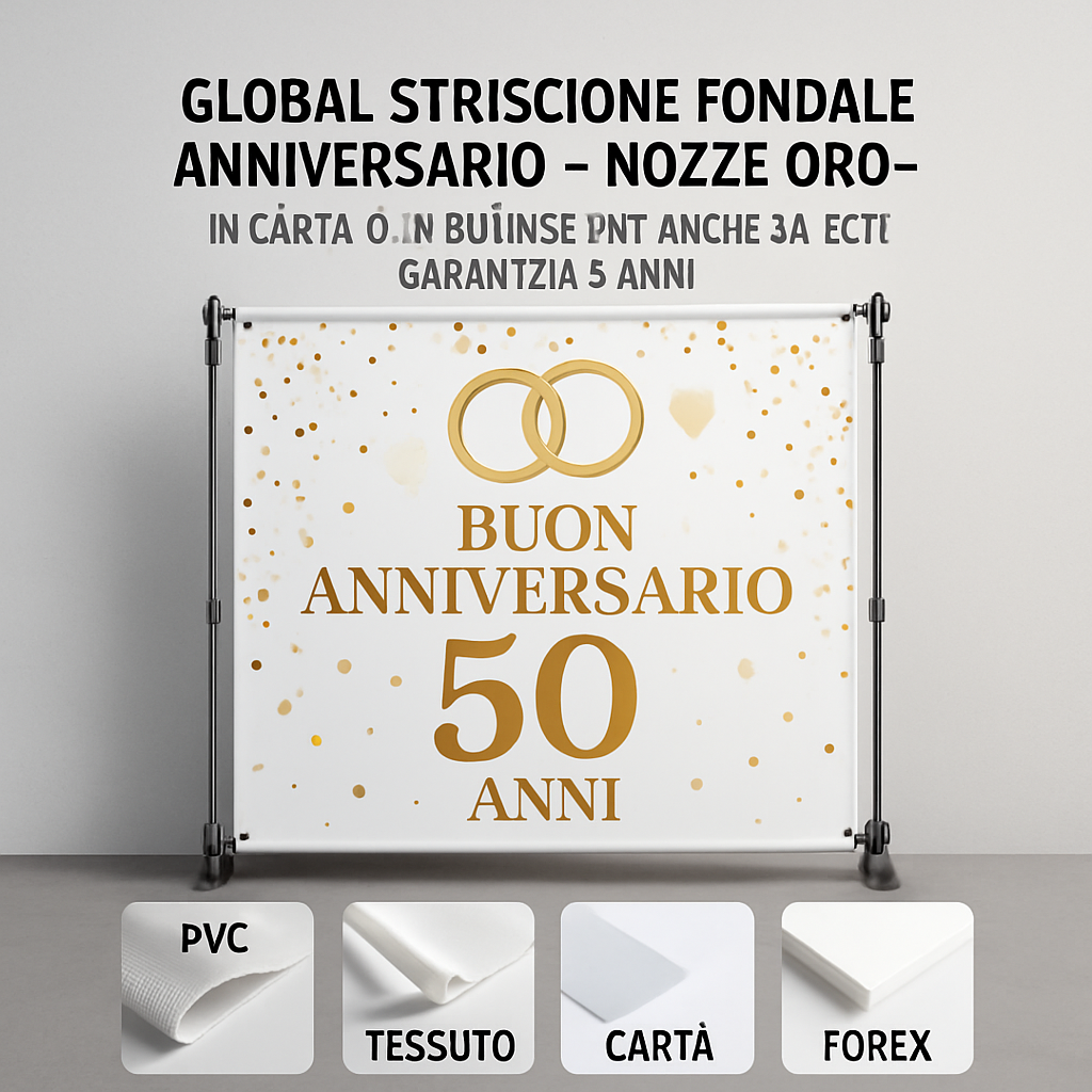 GLOBAL STRISCIONE FONDALE ANNIVERSARIO - NOZZE ORO - IN CARTA O IN BANNER PVC ANCHE DA ESTERNO GARANZIA 5 ANNI - 03 materiali
