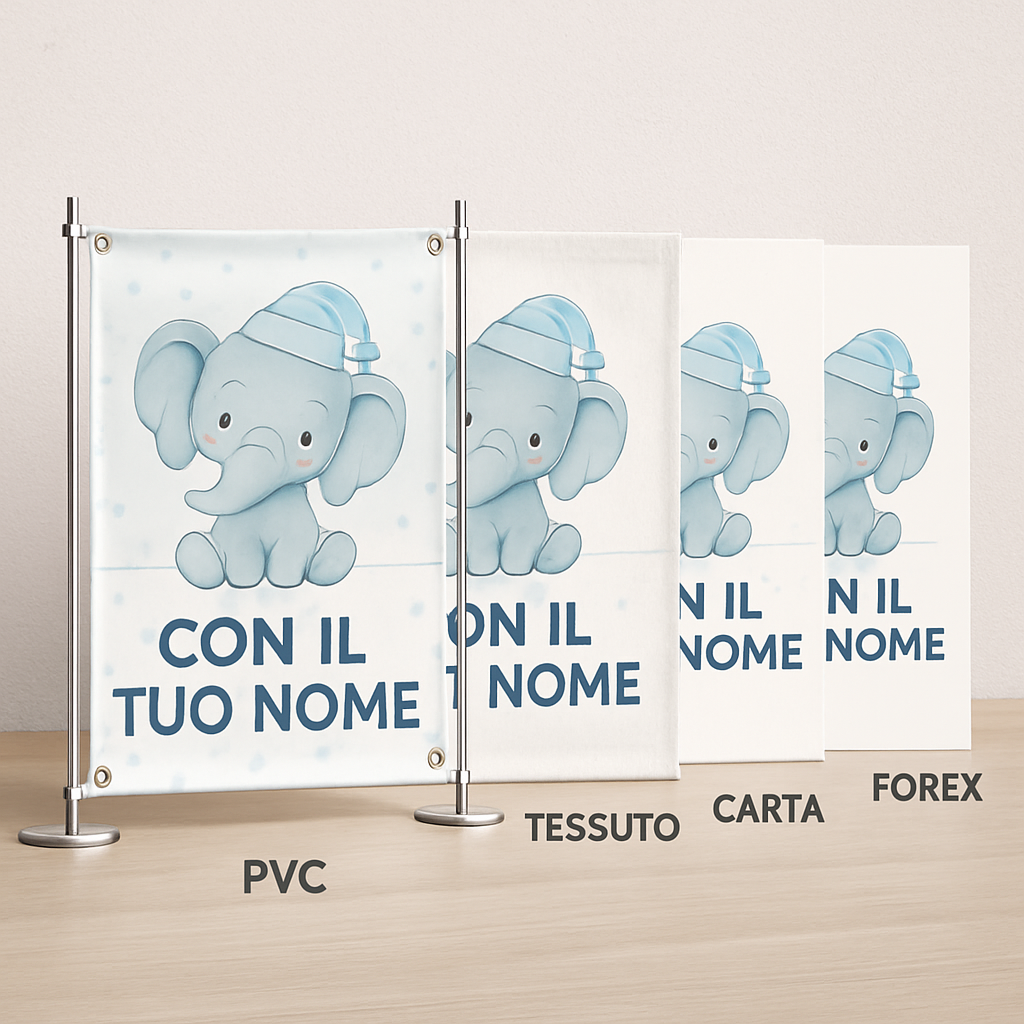 BANNER STRISCIONE NASCITA - Elefantino cappello azzurro - CON IL TUO NOME bimbo neonato - 03 materiali