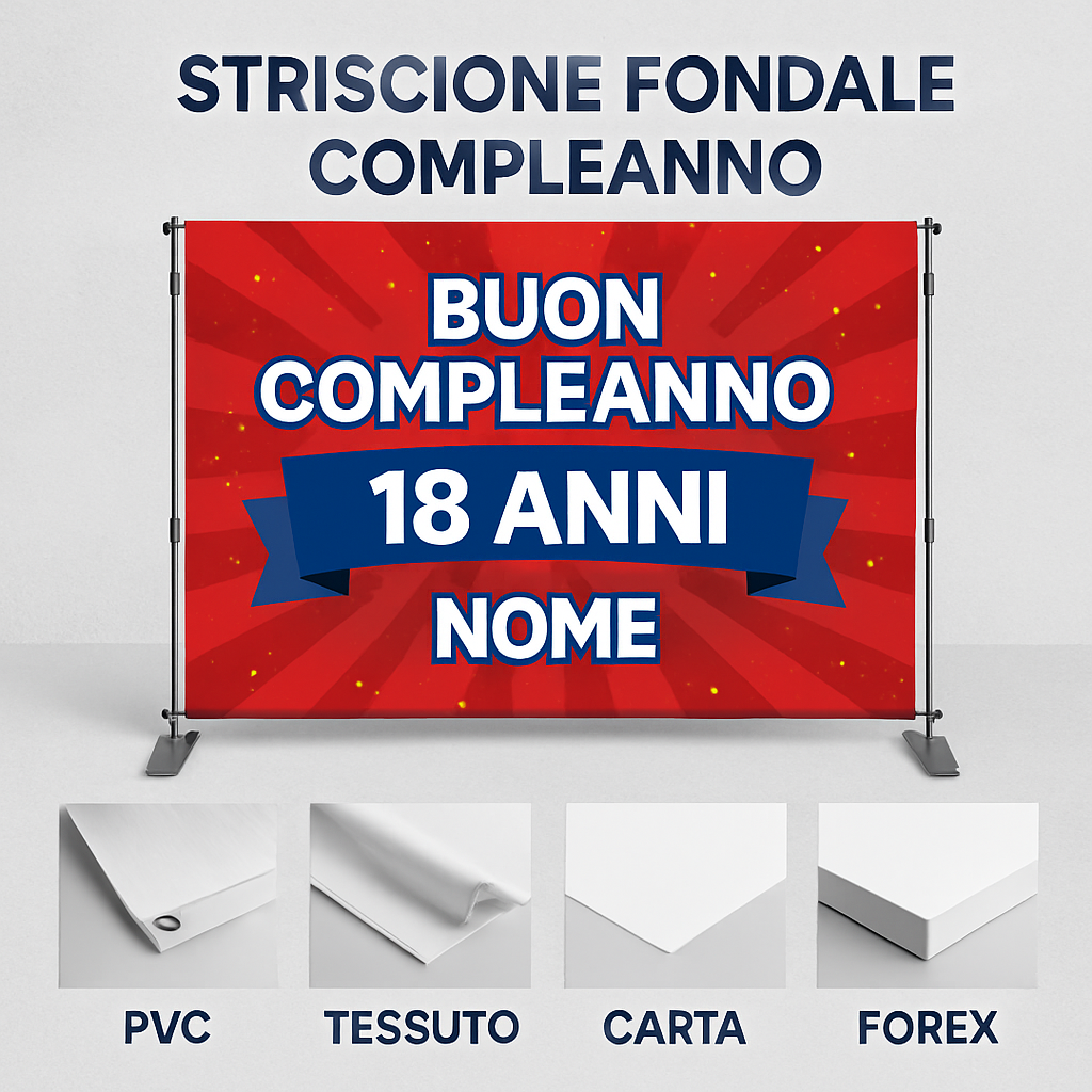 GLOBAL STRISCIONE FONDALE COMPLEANNO - 18 Anni Compleanno Rosso e Blu - STRISCIONE PERSONALIZZATO IN CARTA O IN BANNER PVC ANCHE DA ESTERNO GARANZIA 5 ANNI - 03 materiali