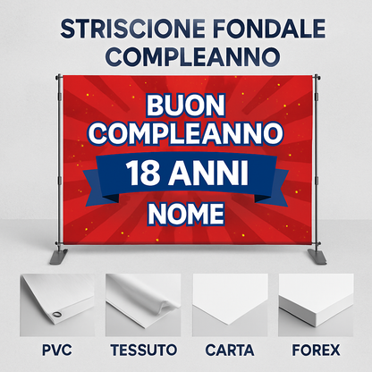GLOBAL STRISCIONE FONDALE COMPLEANNO - 18 Anni Compleanno Rosso e Blu - STRISCIONE PERSONALIZZATO IN CARTA O IN BANNER PVC ANCHE DA ESTERNO GARANZIA 5 ANNI - 03 materiali