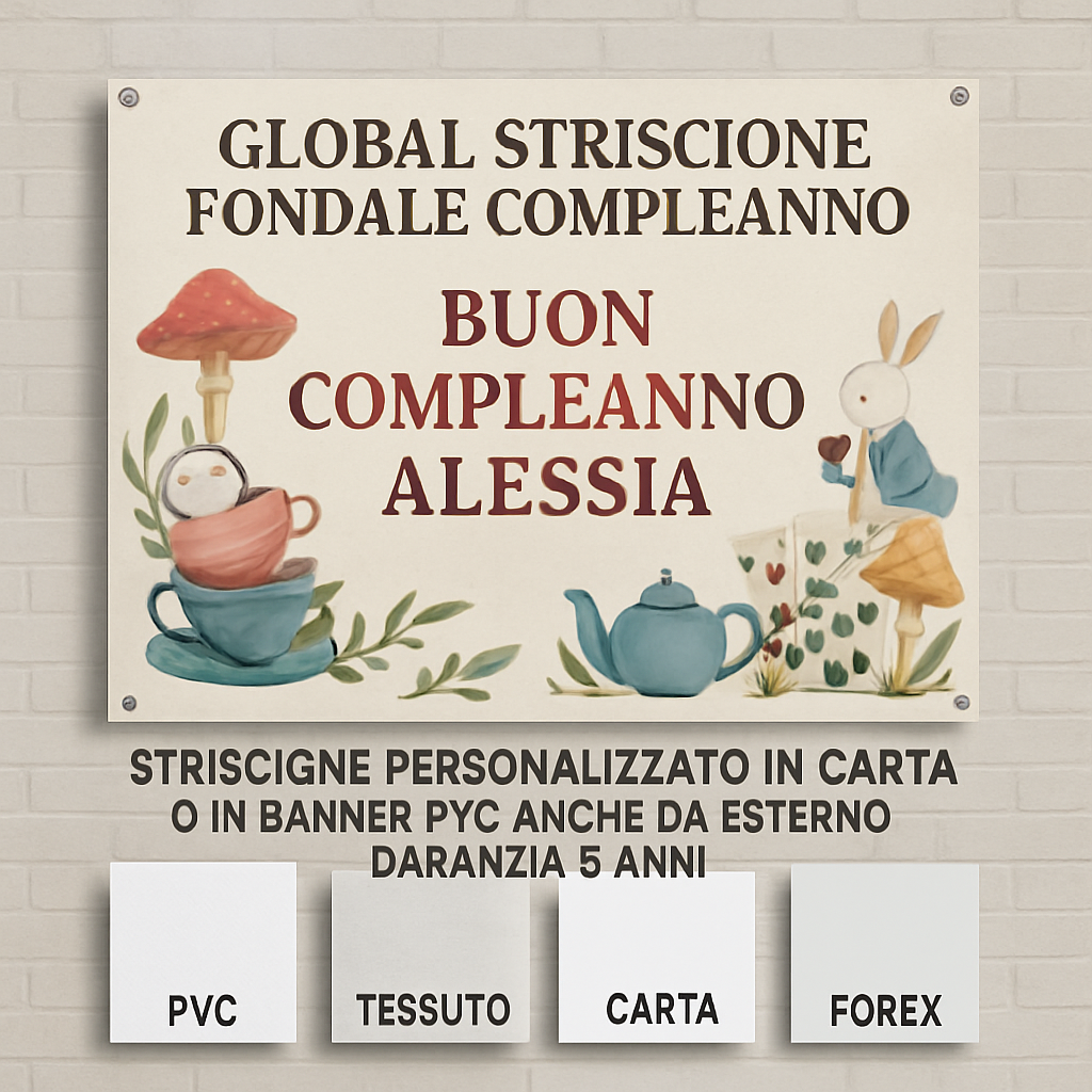 GLOBAL STRISCIONE FONDALE COMPLEANNO - Alice Nel Paese delle Meraviglie mod 4 - STRISCIONE PERSONALIZZATO IN CARTA O IN BANNER PVC ANCHE DA ESTERNO GARANZIA 5 ANNI - 03 materiali
