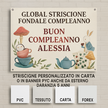 GLOBAL STRISCIONE FONDALE COMPLEANNO - Alice Nel Paese delle Meraviglie mod 4 - STRISCIONE PERSONALIZZATO IN CARTA O IN BANNER PVC ANCHE DA ESTERNO GARANZIA 5 ANNI - 03 materiali