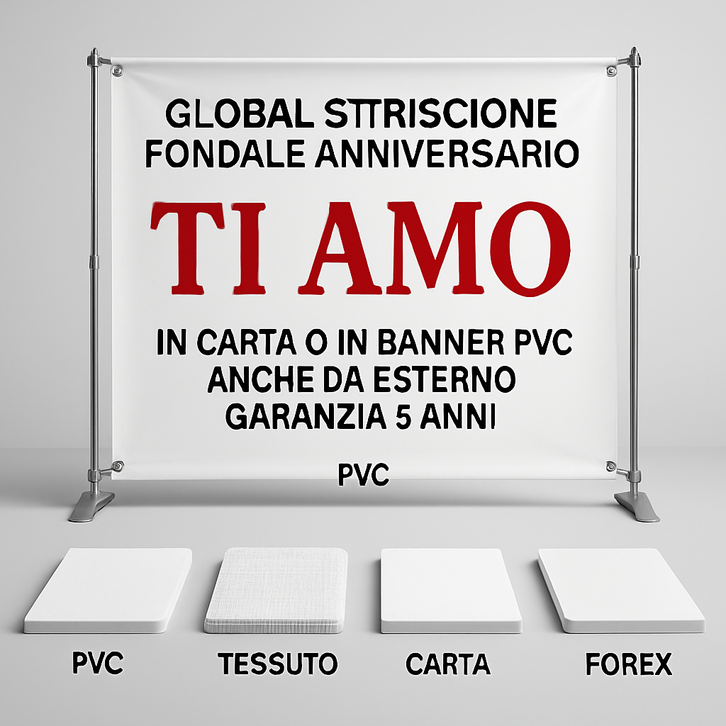 GLOBAL STRISCIONE FONDALE ANNIVERSARIO - TI AMO - IN CARTA O IN BANNER PVC ANCHE DA ESTERNO GARANZIA 5 ANNI - 03 materiali
