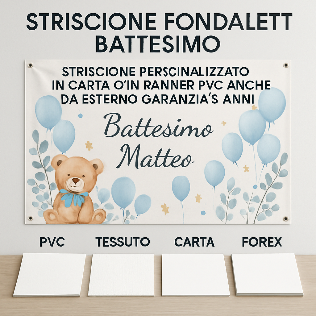 GLOBAL STRISCIONE FONDALE BATTESIMO - Battesimo Orsetto - STRISCIONE PERSONALIZZATO IN CARTA O IN BANNER PVC ANCHE DA ESTERNO GARANZIA 5 ANNI - 03 materiali