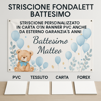 GLOBAL STRISCIONE FONDALE BATTESIMO - Battesimo Orsetto - STRISCIONE PERSONALIZZATO IN CARTA O IN BANNER PVC ANCHE DA ESTERNO GARANZIA 5 ANNI - 03 materiali