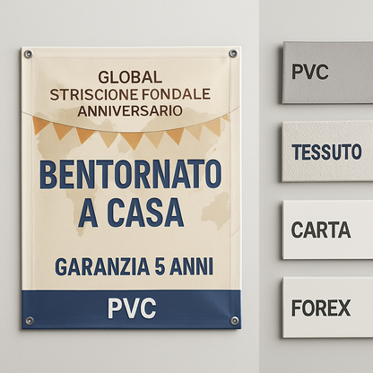 GLOBAL STRISCIONE FONDALE ANNIVERSARIO - BENTORNATO A CASA - IN CARTA O IN BANNER PVC ANCHE DA ESTERNO GARANZIA 5 ANNI - 03 materiali