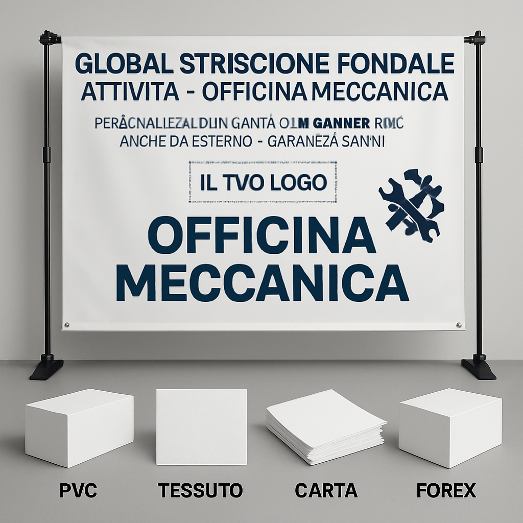 GLOBAL STRISCIONE FONDALE ATTIVITÀ - OFFICINA MECCANICA - PERSONALIZZATO IN CARTA O IN BANNER PVC ANCHE DA ESTERNO GARANZIA 5 ANNI - 03 materiali