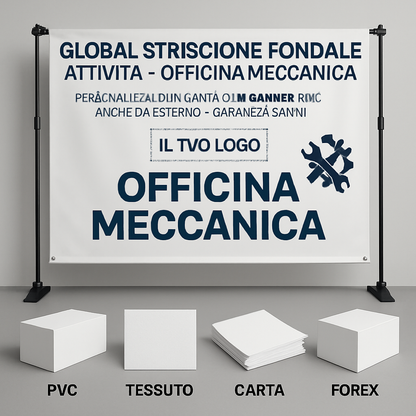 GLOBAL STRISCIONE FONDALE ATTIVITÀ - OFFICINA MECCANICA - PERSONALIZZATO IN CARTA O IN BANNER PVC ANCHE DA ESTERNO GARANZIA 5 ANNI - 03 materiali