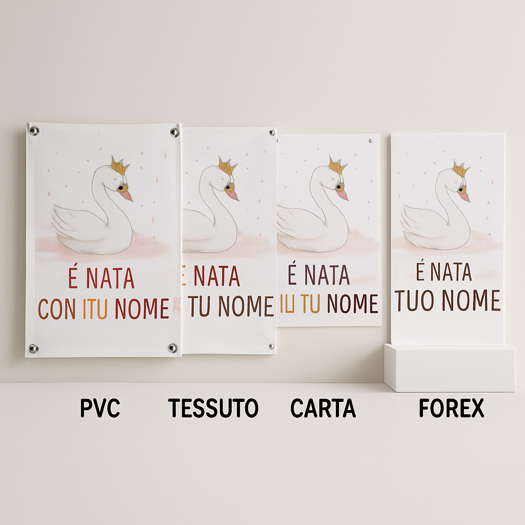 BANNER STRISCIONE NASCITA - Cigno Bambina - CON IL TUO NOME bimbo neonato - 03 materiali