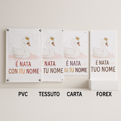 BANNER STRISCIONE NASCITA - Cigno Bambina - CON IL TUO NOME bimbo neonato - 03 materiali