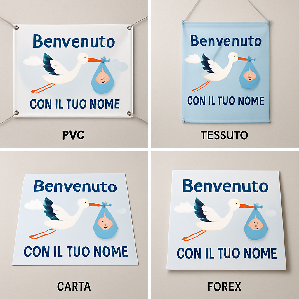 BANNER STRISCIONE NASCITA - Benvenuto con cicogna - CON IL TUO NOME bimbo neonato - 03 materiali