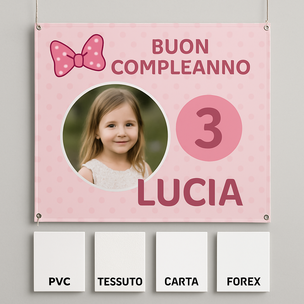 BANNER STRISCIONE compleanno - Topolina - CON NOME foto ed età bimbo/a - 03 materiali
