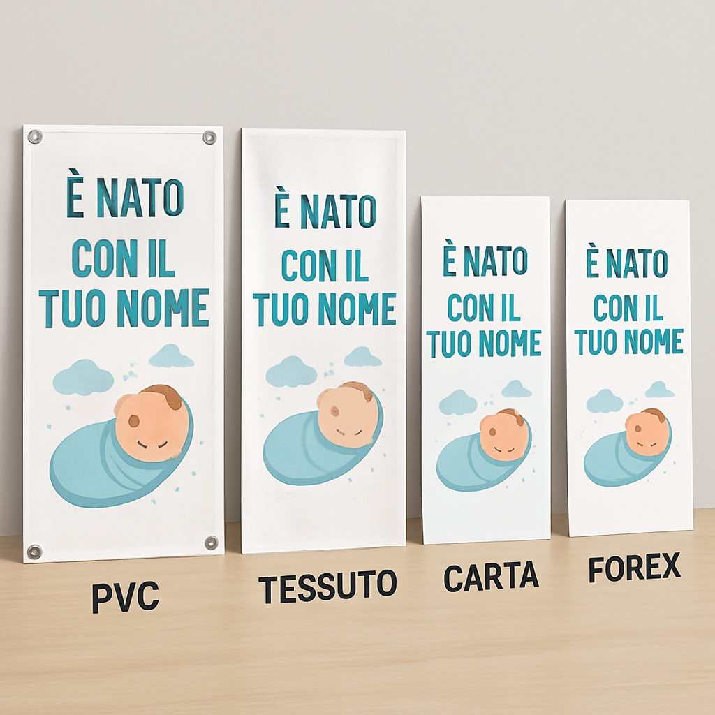 BANNER STRISCIONE NASCITA - è nato - CON IL TUO NOME bimbo neonato - 03 materiali