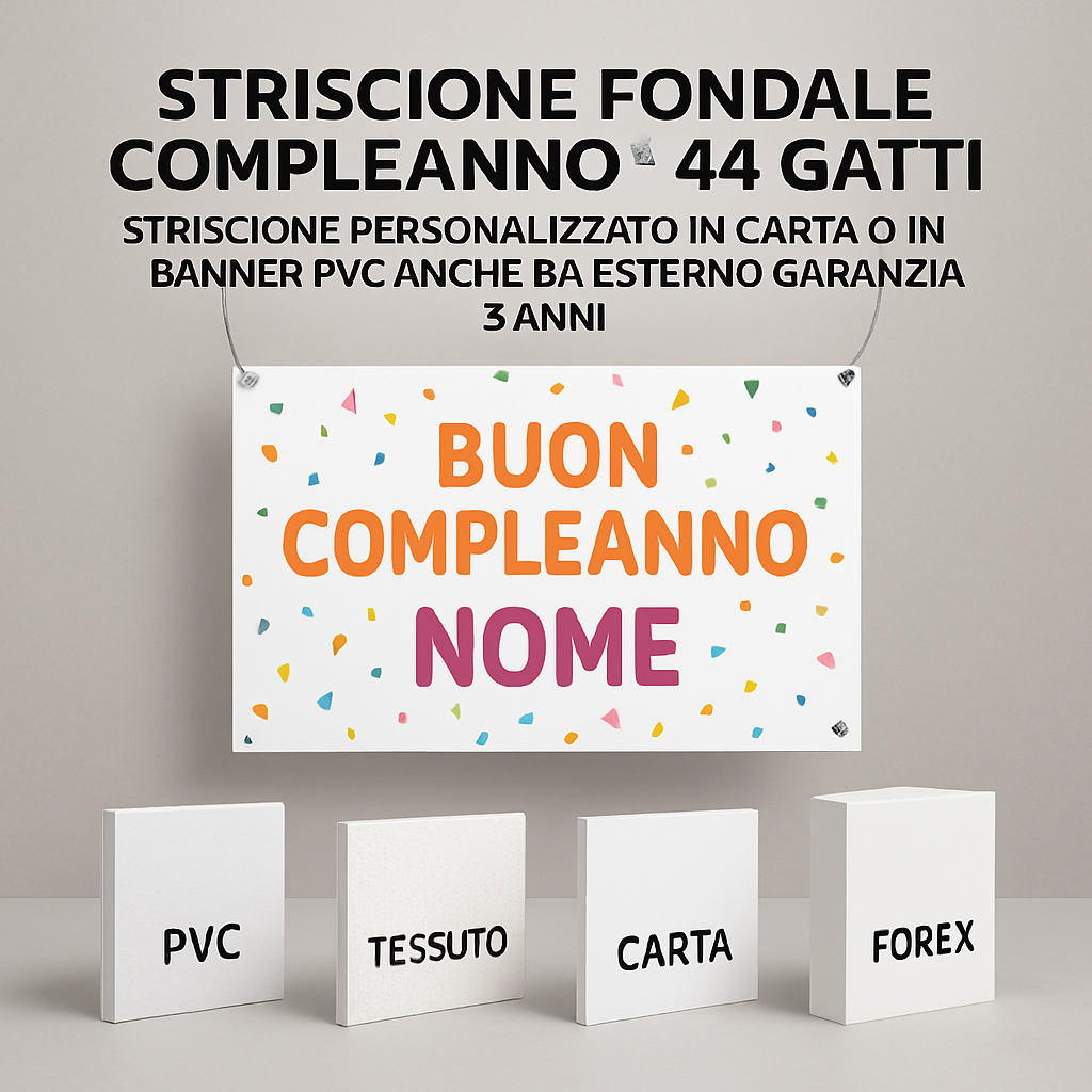 GLOBAL STRISCIONE FONDALE COMPLEANNO - 44 Gatti - STRISCIONE PERSONALIZZATO IN CARTA O IN BANNER PVC ANCHE DA ESTERNO GARANZIA 5 ANNI - 03 materiali