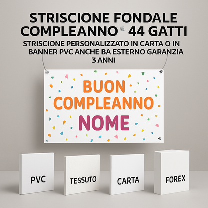 GLOBAL STRISCIONE FONDALE COMPLEANNO - 44 Gatti - STRISCIONE PERSONALIZZATO IN CARTA O IN BANNER PVC ANCHE DA ESTERNO GARANZIA 5 ANNI - 03 materiali