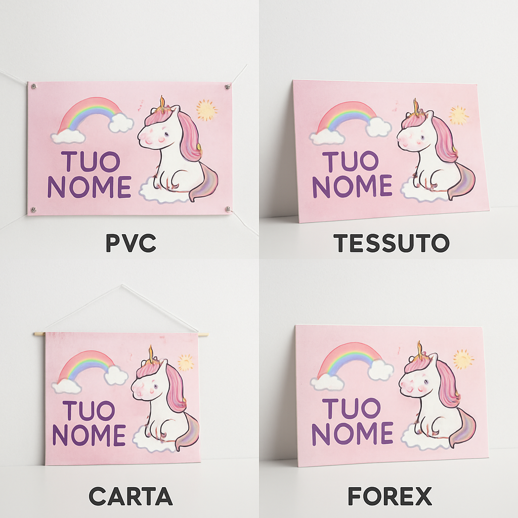 BANNER STRISCIONE NASCITA - Bambina Unicorno - CON IL TUO NOME bimbo neonato - 03 materiali