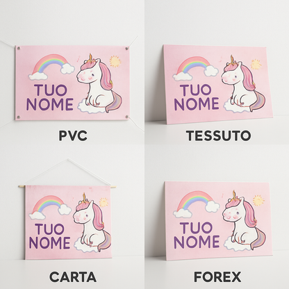 BANNER STRISCIONE NASCITA - Bambina Unicorno - CON IL TUO NOME bimbo neonato - 03 materiali
