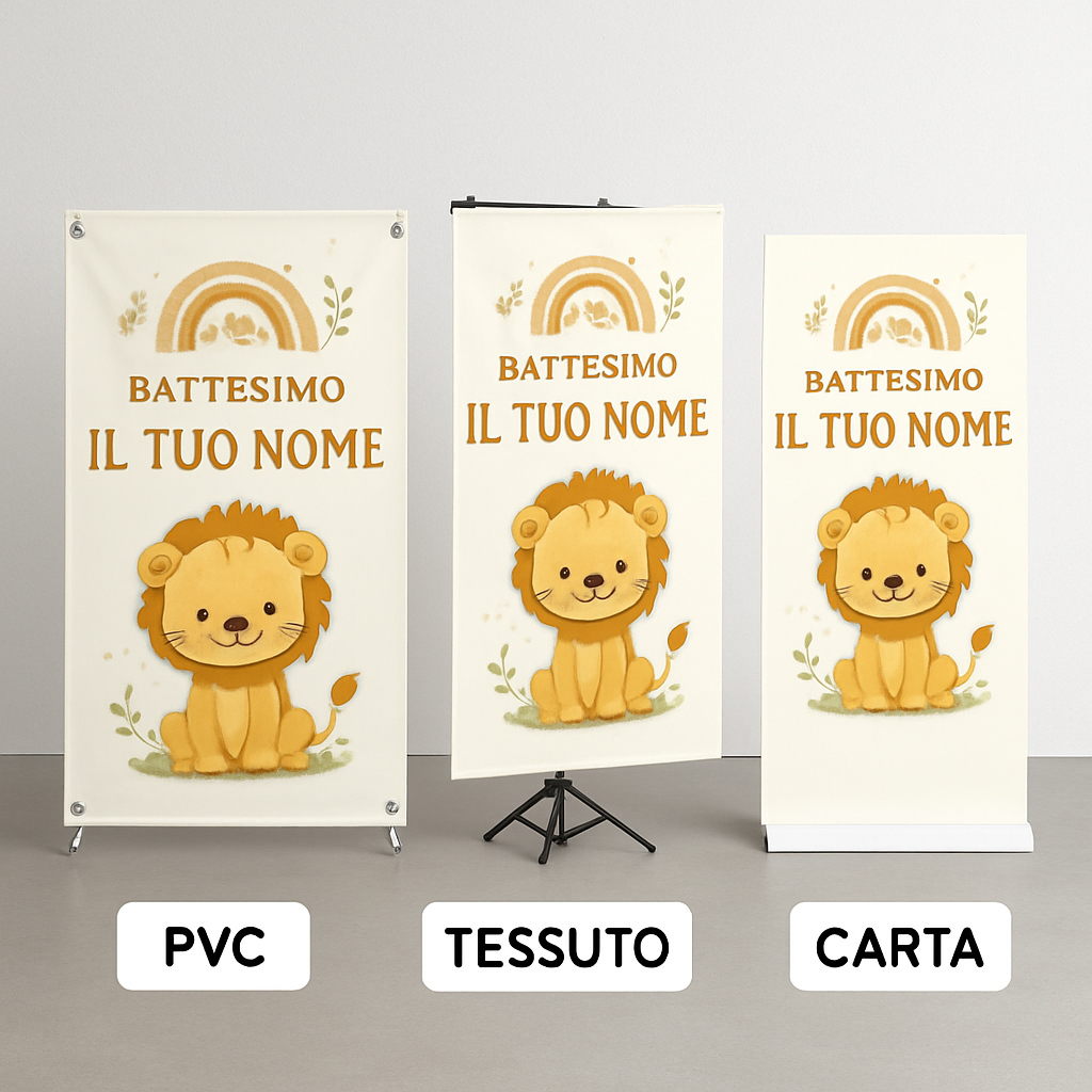 BANNER STRISCIONE BATTESIMO - Leoncino - CON IL TUO NOME bimbo - 03 materiali