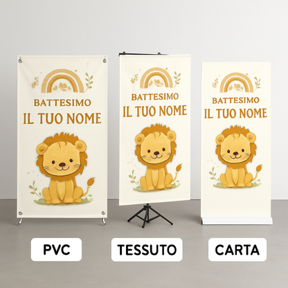 BANNER STRISCIONE BATTESIMO - Leoncino - CON IL TUO NOME bimbo - 03 materiali