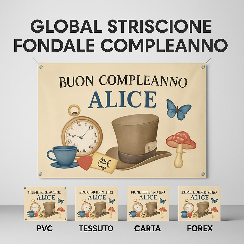 GLOBAL STRISCIONE FONDALE COMPLEANNO - Alice Nel Paese delle Meraviglie mod 3 - STRISCIONE PERSONALIZZATO IN CARTA O IN BANNER PVC ANCHE DA ESTERNO GARANZIA 5 ANNI - 03 materiali