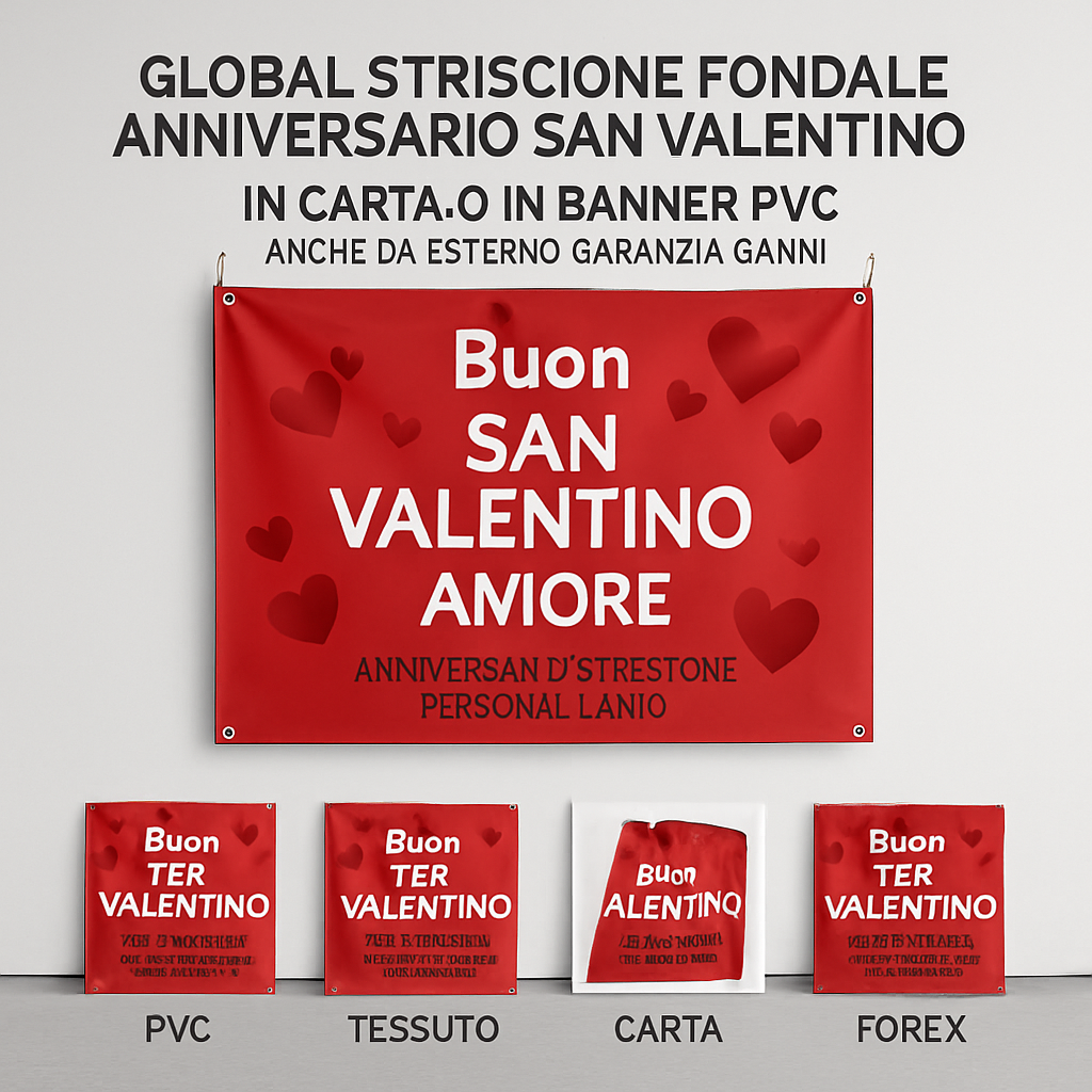 GLOBAL STRISCIONE FONDALE ANNIVERSARIO - SAN VALENTINO AMORE - IN CARTA O IN BANNER PVC ANCHE DA ESTERNO GARANZIA 5 ANNI - 03 materiali